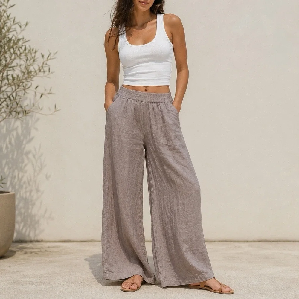 Match Point USA Small Linen Wide Leg Pants Lagenlook Elastic Waist Oversized EUC